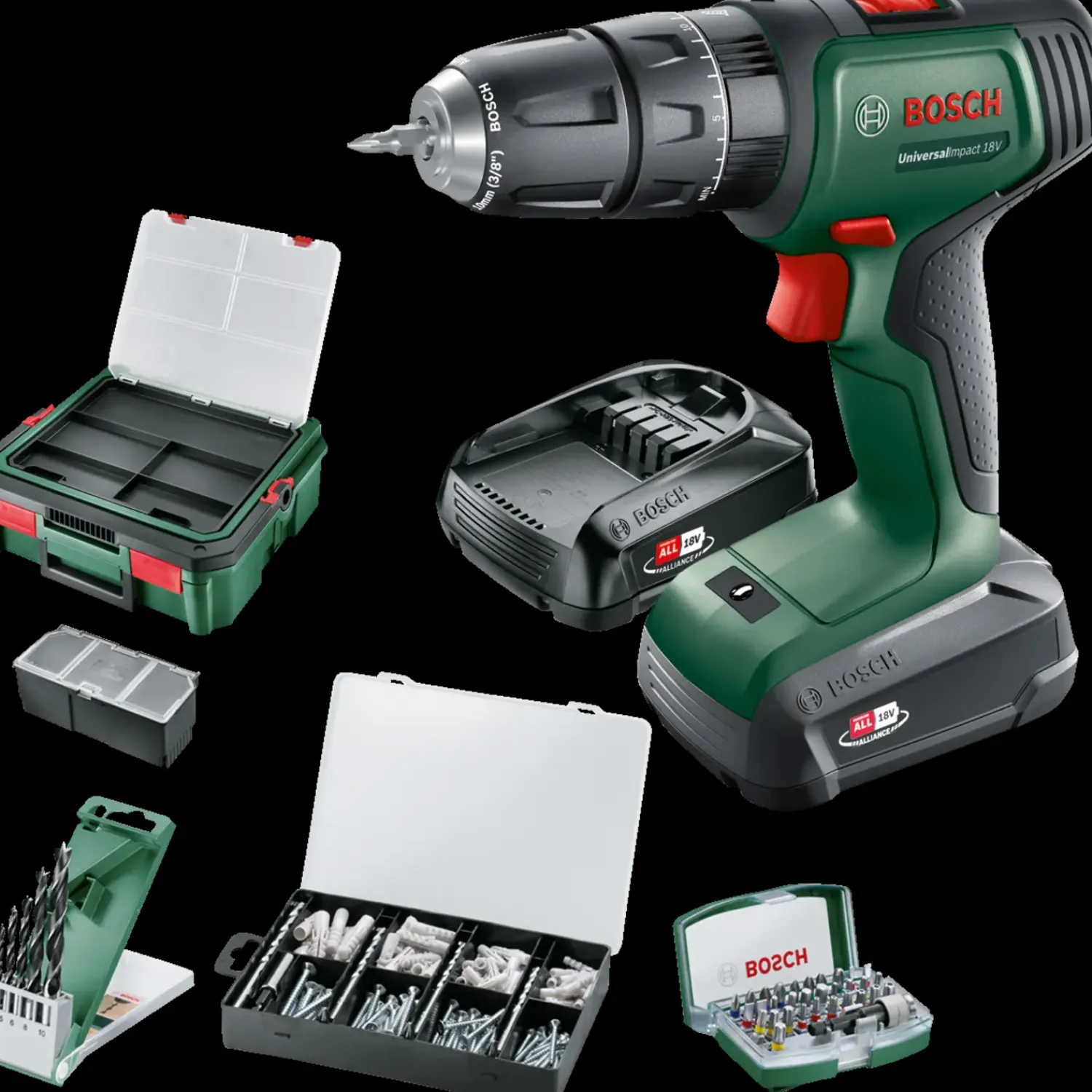 Bosch gør det selv Bore- Og Skruemaskiner^Bosch Universal Impact 18V slagboremaskine + systembox 210 dele