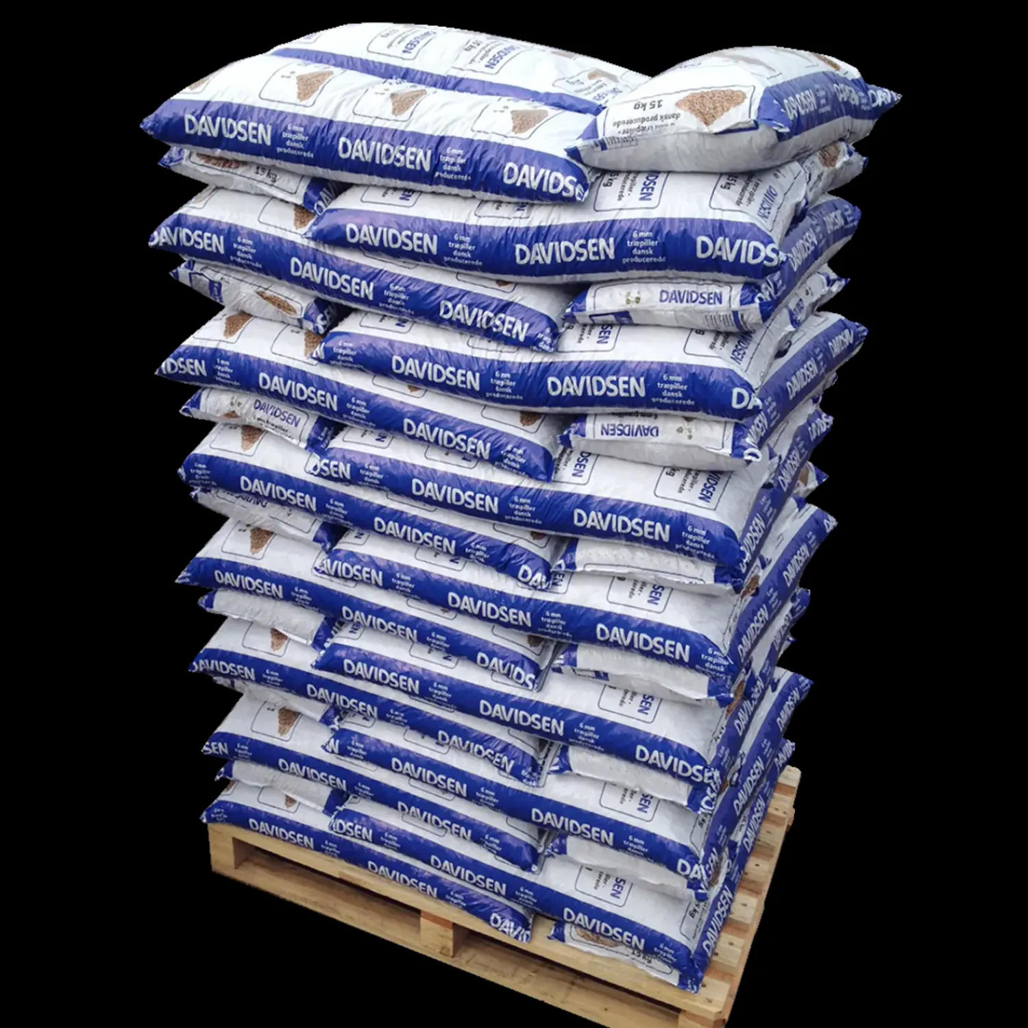 Davidsen træpiller 6 mm - palle med 900 kg / 60 poser á 15 kg