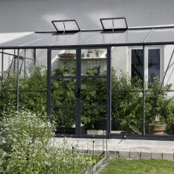 Elmholm Store Drivhuse Over 10 M²^Exclusive vægdrivhus antracit med hærdet glas, inkl. sokkel 13,1 m²