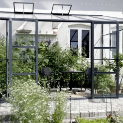 Elmholm Store Drivhuse Over 10 M²^Exclusive vægdrivhus antracit med hærdet glas, inkl. sokkel 13,1 m²