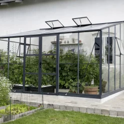 Elmholm Store Drivhuse Over 10 M²^Exclusive vægdrivhus antracit med hærdet glas, inkl. sokkel 13,1 m²