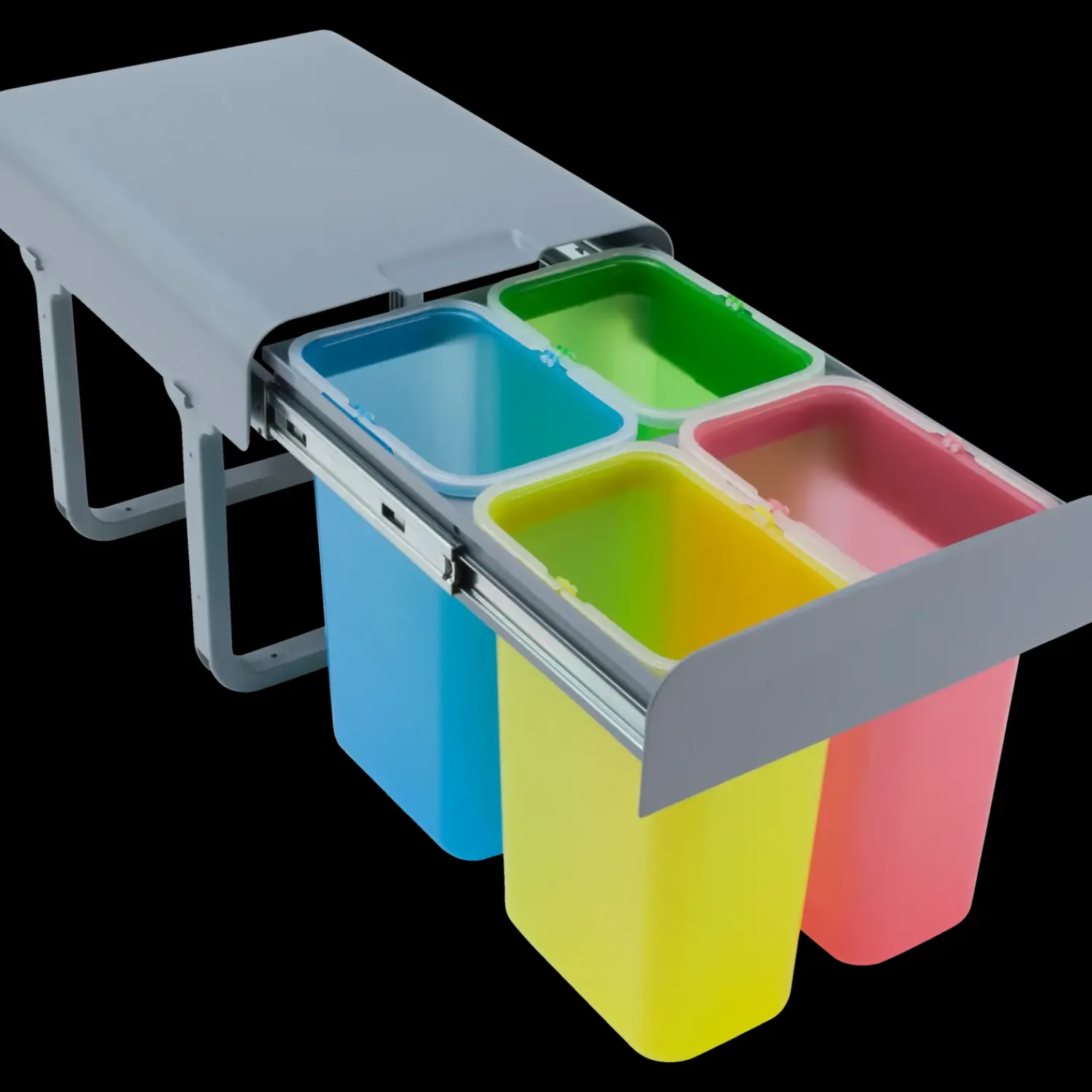 Affaldssortering|Tilbehør Til Kontor Og Værksted^Grå affaldssystem på udtræksskinner med 4x8 L beholdere flerfarvet