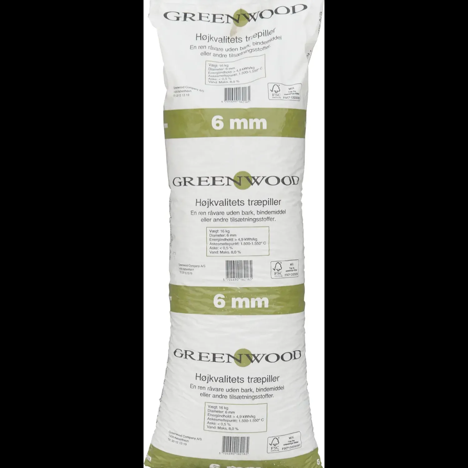 Greenwood Træpiller^træpiller 6 mm - palle med 896 kg / 56 poser á 16 kg