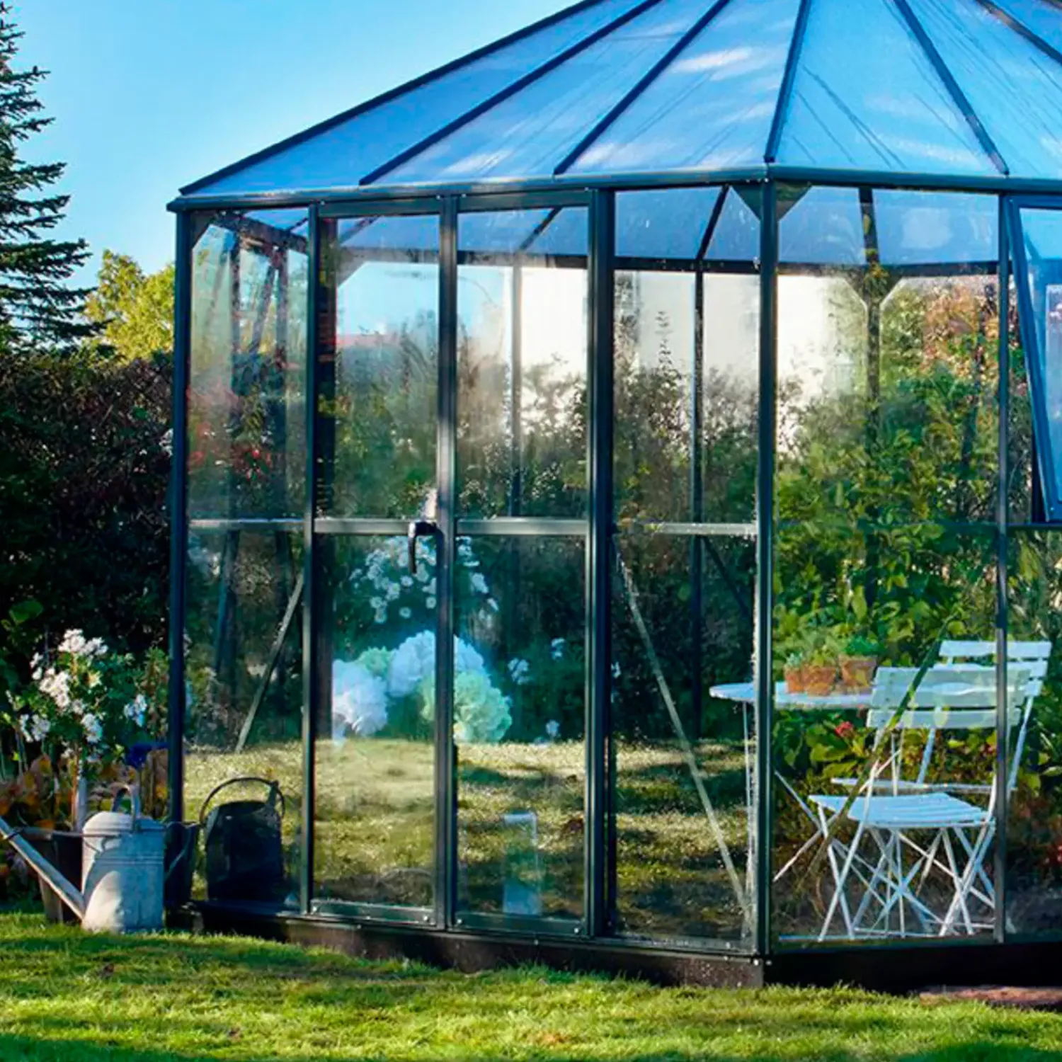 Sale Halls Atrium drivhus grøn med hærdet glas og polycarbonat 9,0 m²