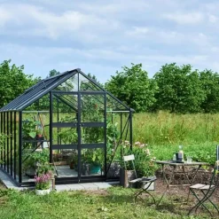 Online Halls Blockley drivhus 814 + fundament 11,3 m² sort 3 mm hærdet glas