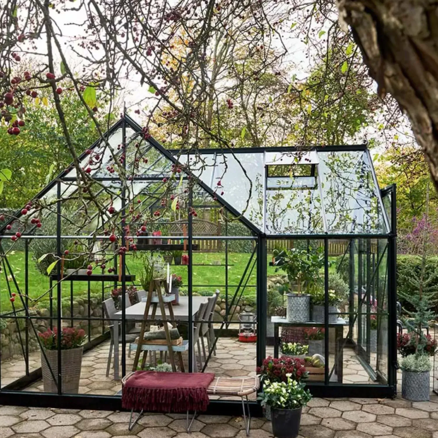 Halls Orangerier^Garden Room drivhus grøn med hærdet glas, inkl. sokkel 12,9 m²