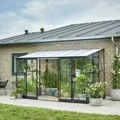 Halls Mellem Drivhuse 4-10 M²|Vægdrivhuse^Qube Lean-To 612 vægdrivhus sort med hærdet glas 7,1 m²