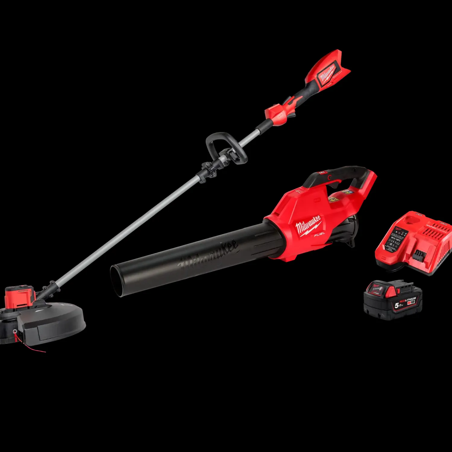 Online Milwaukee PowerPack M18 FPP2OPL1-501 løvblæser, græstrimmer inkl. 1x5,0 Ah batteri og hurtigoplader