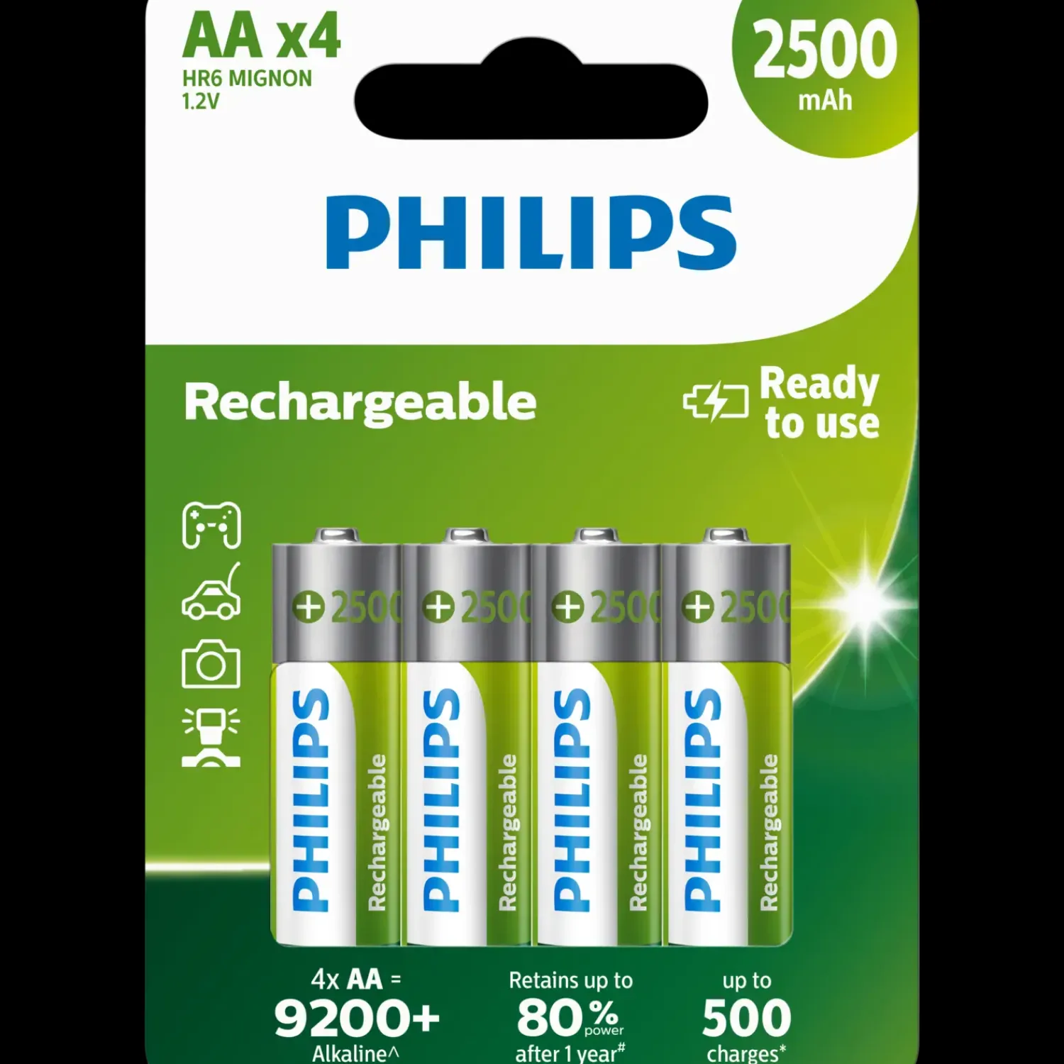 Batterier^Philips genopladelig batteri 2500mAh HR6/AA 4 stk.
