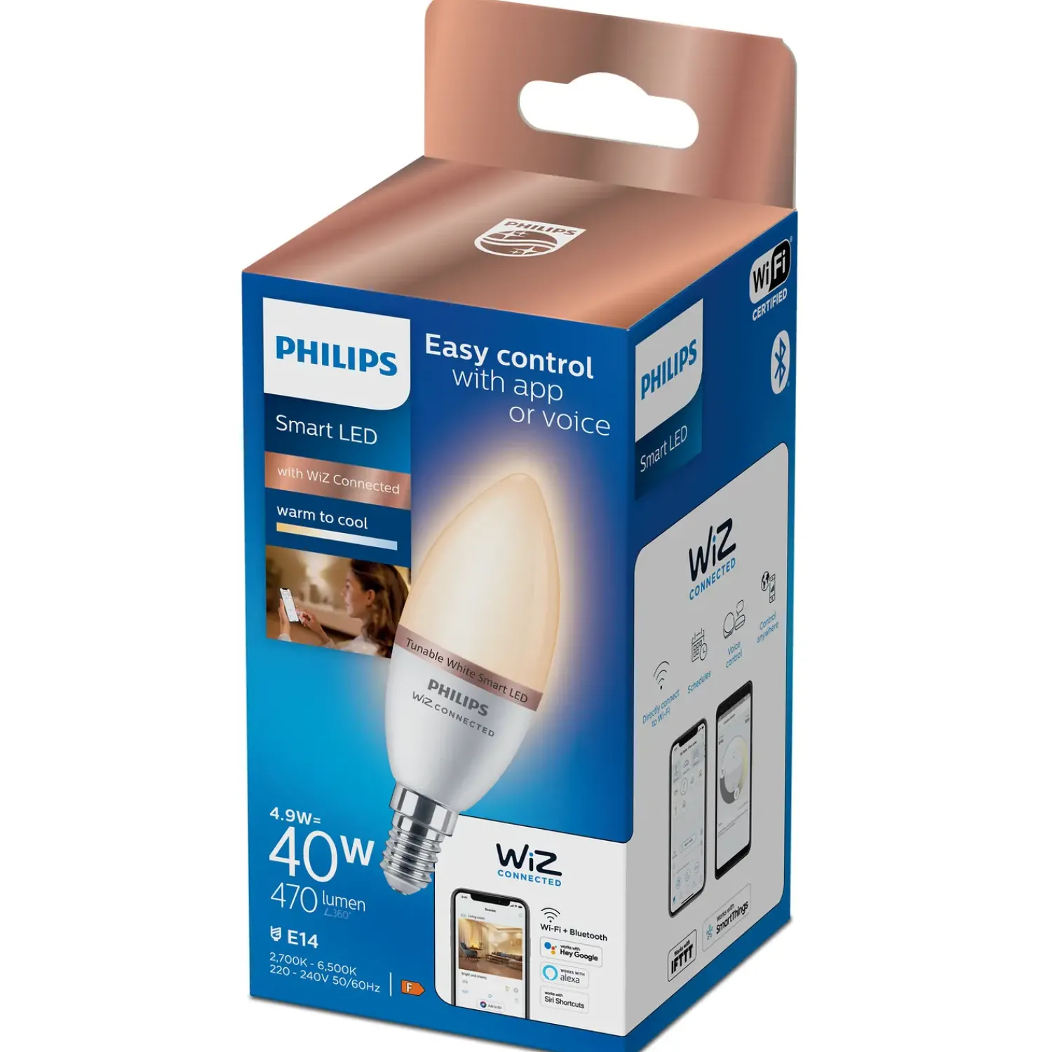New Philips Smart Wiz white LED pære E14 4,6W kerte mat