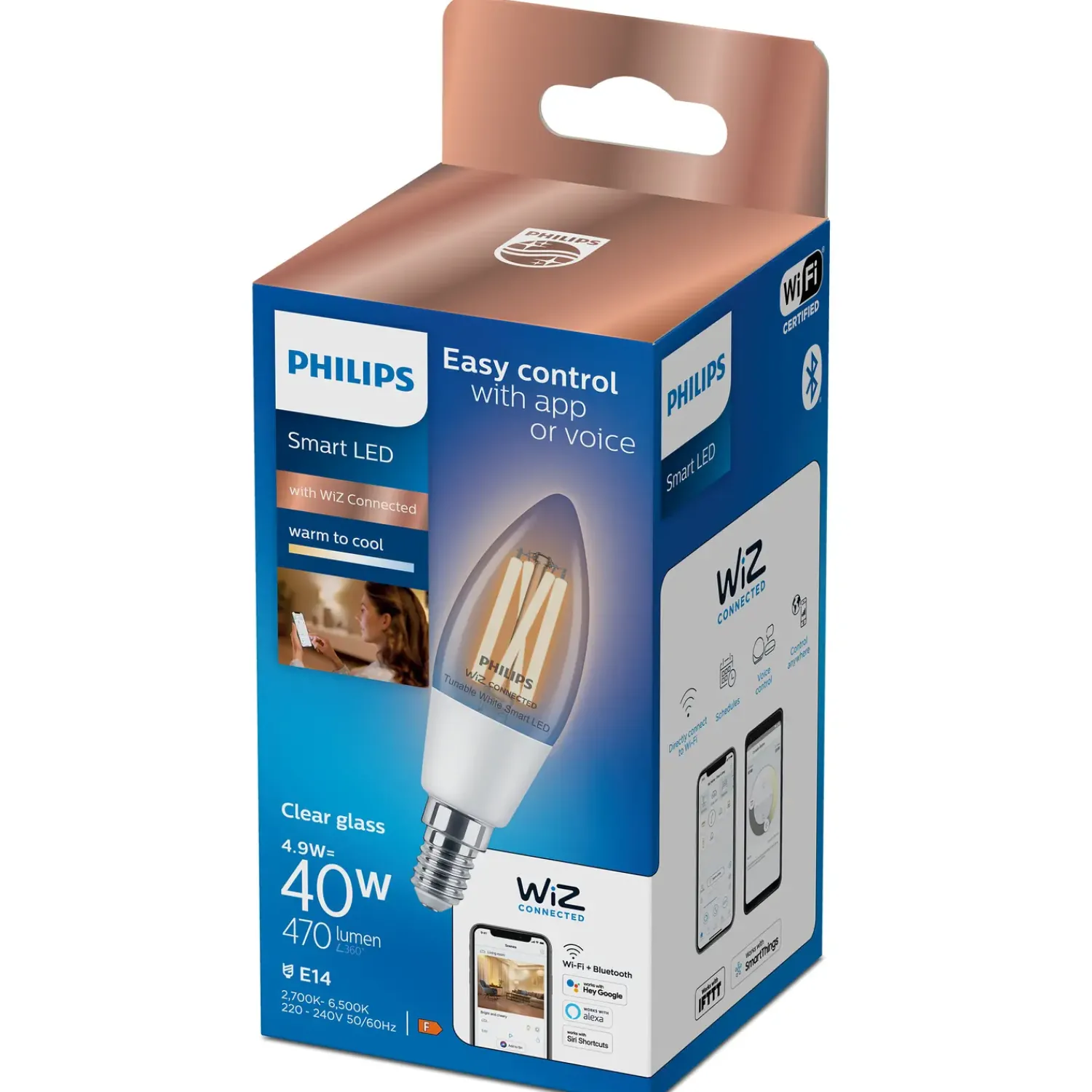 Outlet Philips Smart Wiz white LED pære E14 4,9W kerte klar