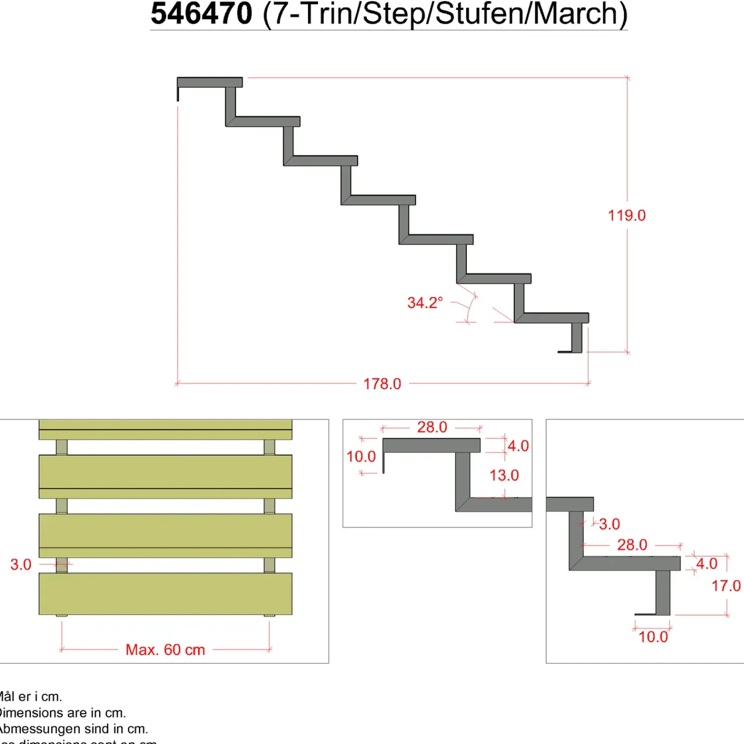 Plus Trapper Og Lemme^34,2° Trappevange 7 trin m/beslag Trindybde 28 cm