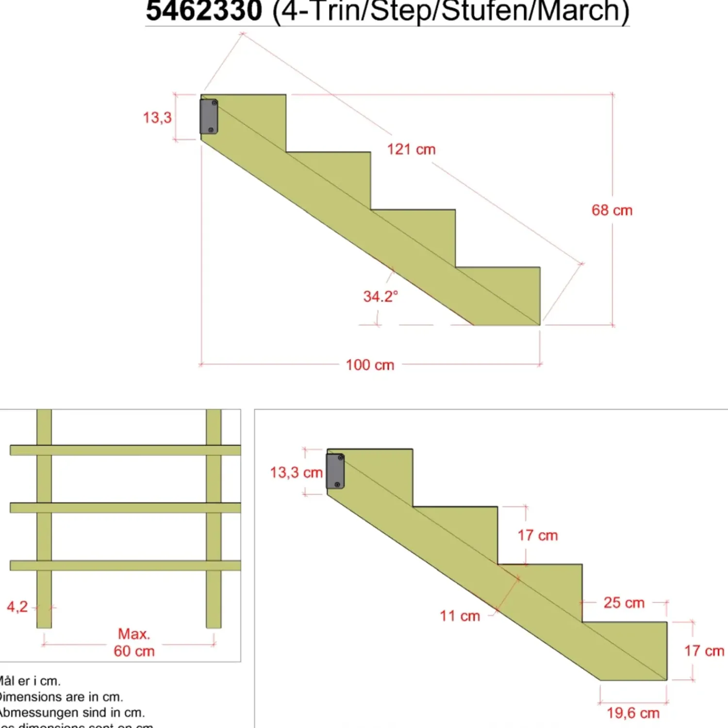 Plus Trapper Og Lemme^34,2° Trappevange 4 trin m/beslag Trindybde 25 cm