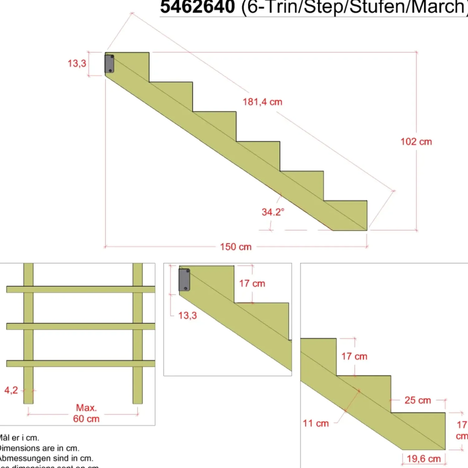 New Plus 34,2° Trappevange 6 trin m/beslag Trindybde 25 cm