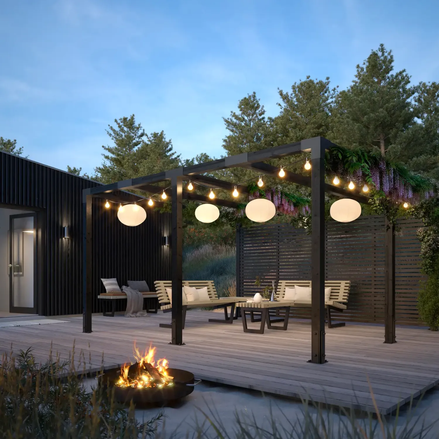 Plus Pergolaer Og Markiser^Cubic Pergola 3 moduler med tokyo hegn sort