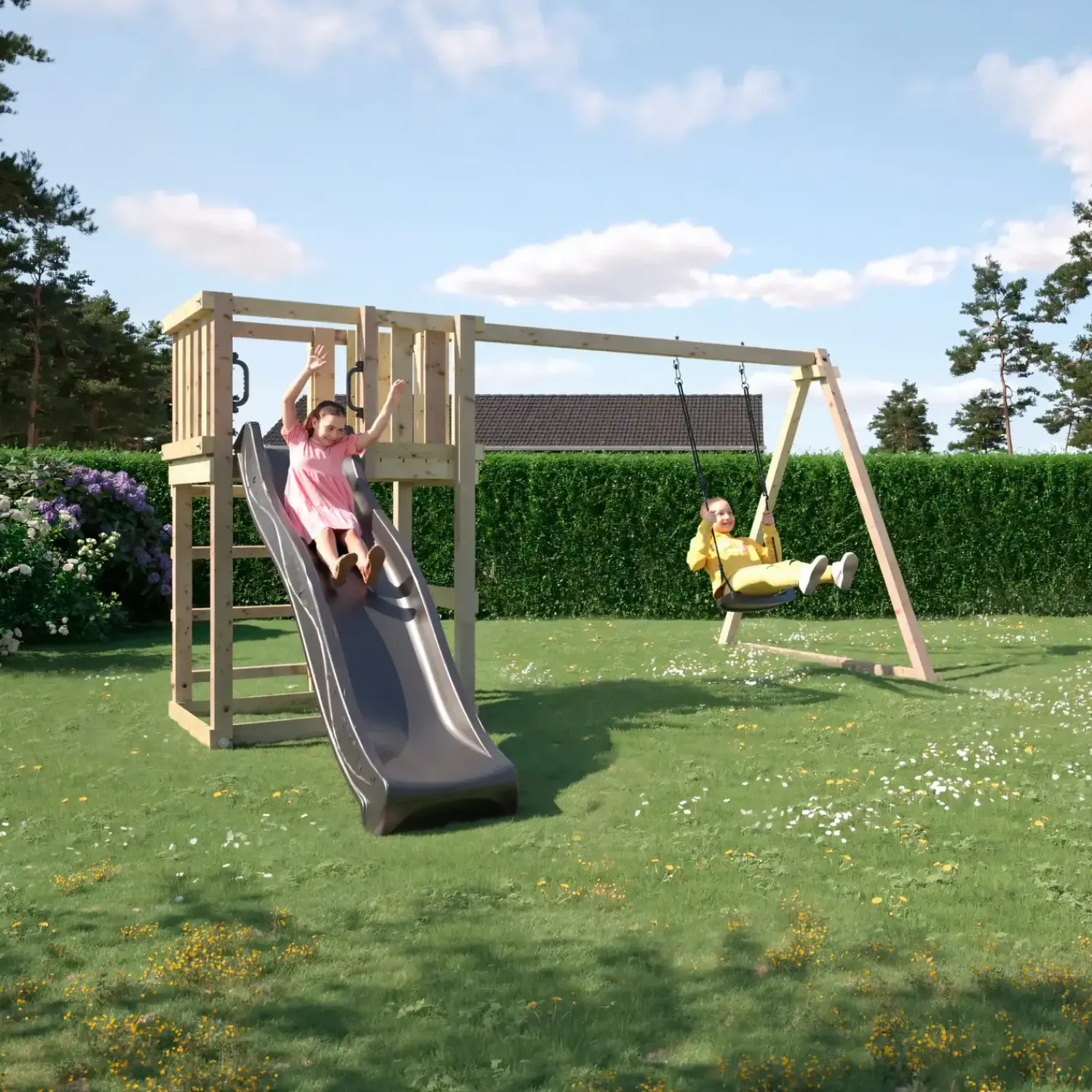 Børn Plus Legetårne^legetårn inkl. gyngestativ, gråsort rutsjebane og gynge