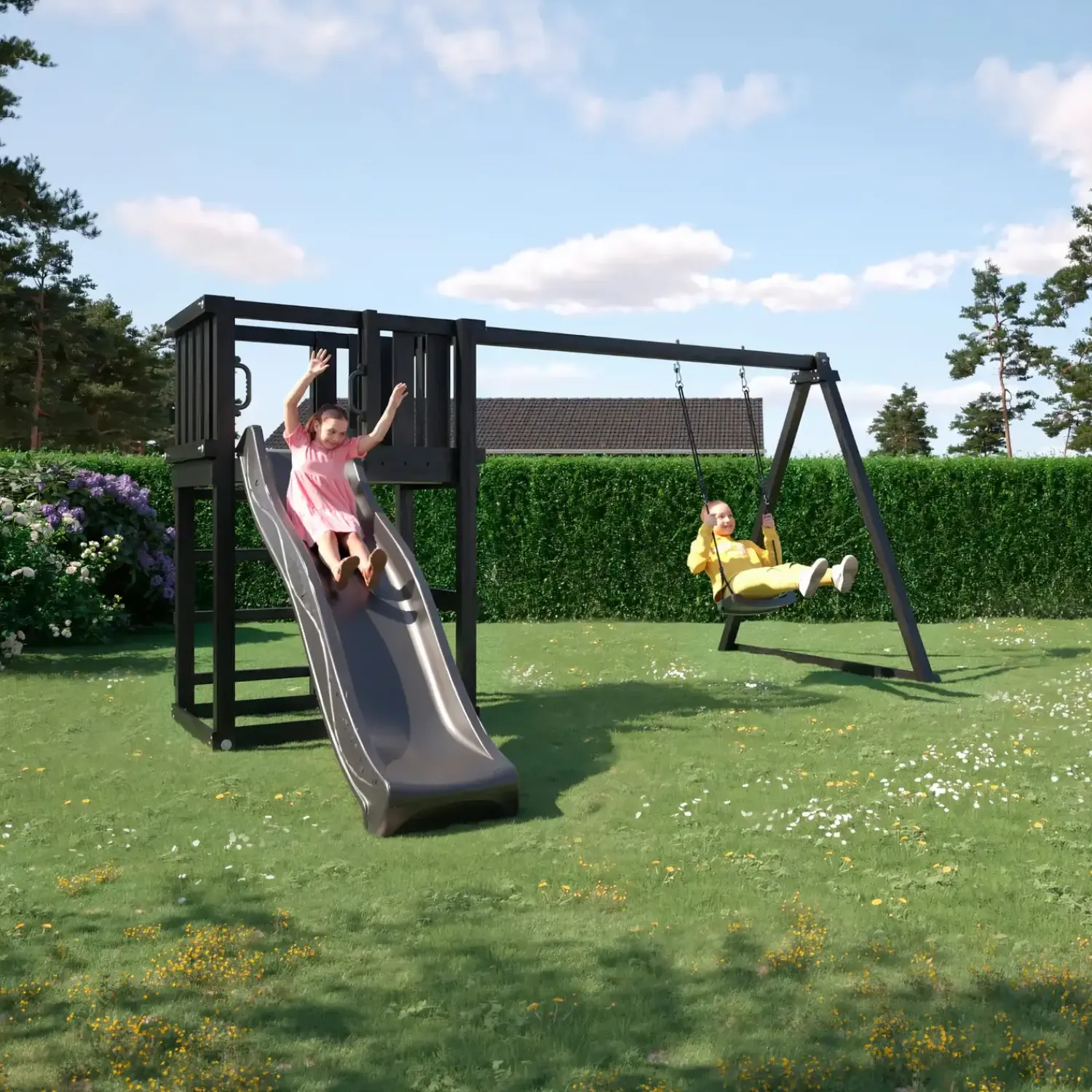 Børn Plus Legetårne^legetårn inkl. gyngestativ, gråsort rutsjebane og gynge