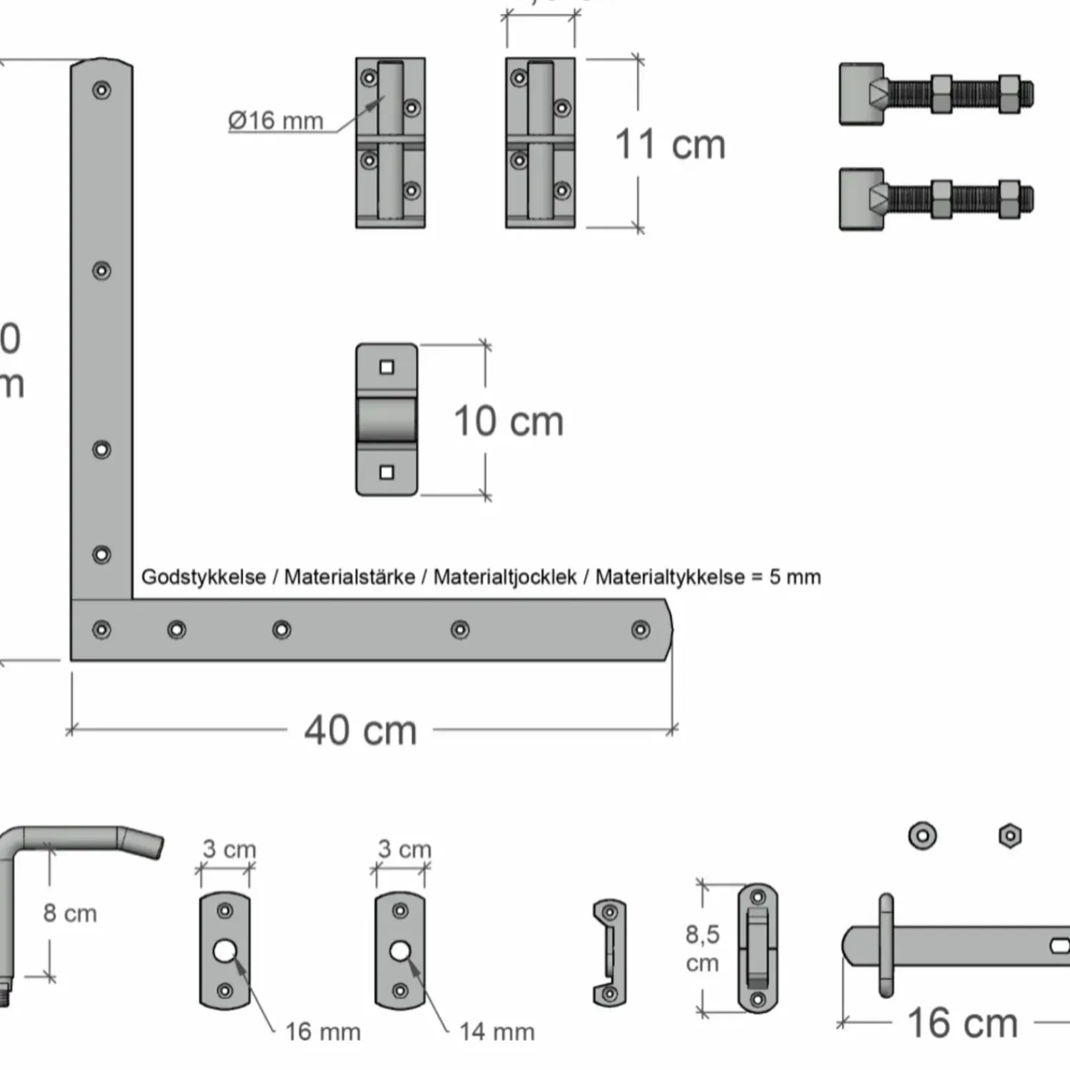 Plus Tilbehør Til Hegn^lågebeslag ti/enkelt-bredlåge m/justerbare stabler varmgalvaniseret