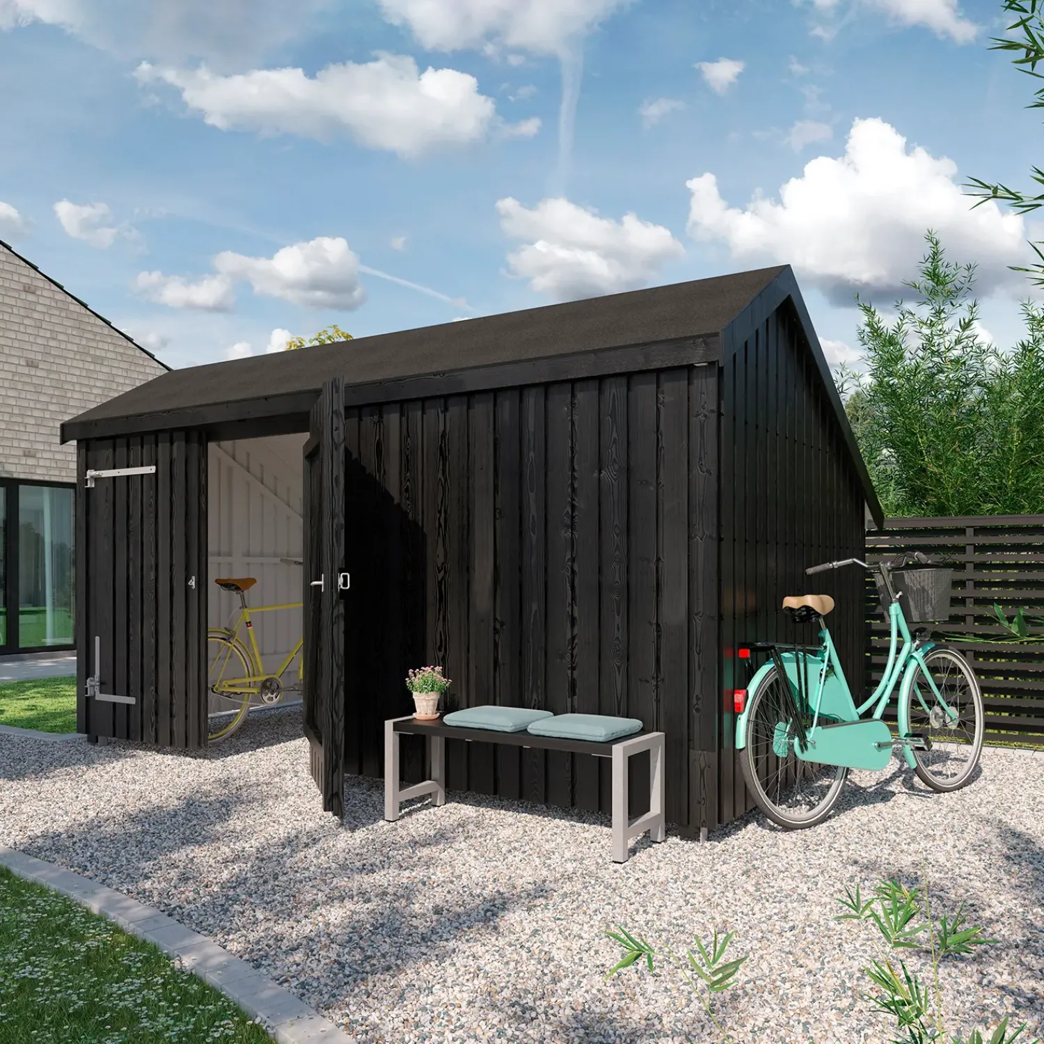 Redskabsskure I Træ^Plus Multi havehus 10,5 m² 2 moduler med dobbeltdør og lukket front