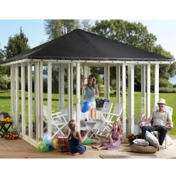 Pergolaer Og Markiser^Plus Pavillon 4 med 4 lukket sider, dobbelt skydedør og sort tagdug trykimprægneret