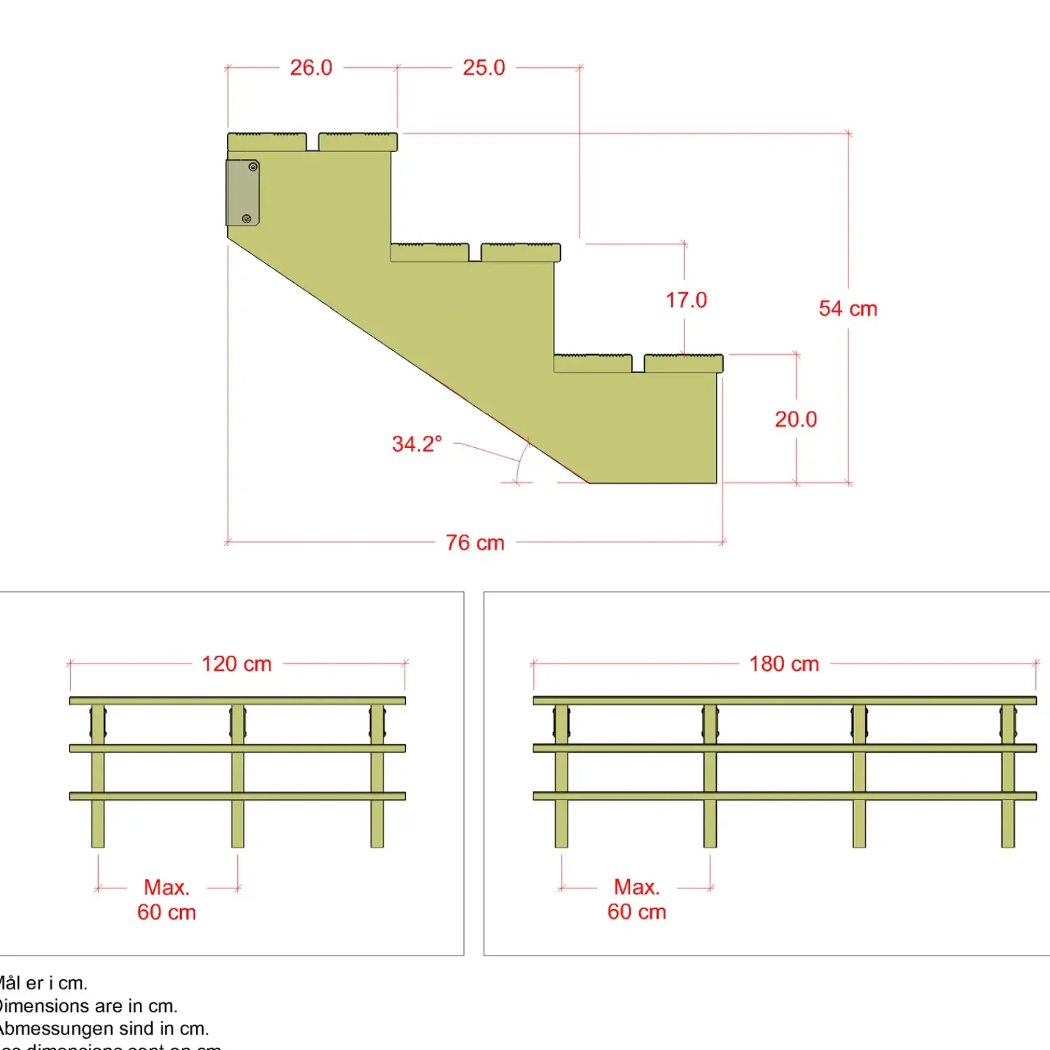 Hot Plus Terrassetrappe 3 trin 54x76 cm 34,2° 180 cm
