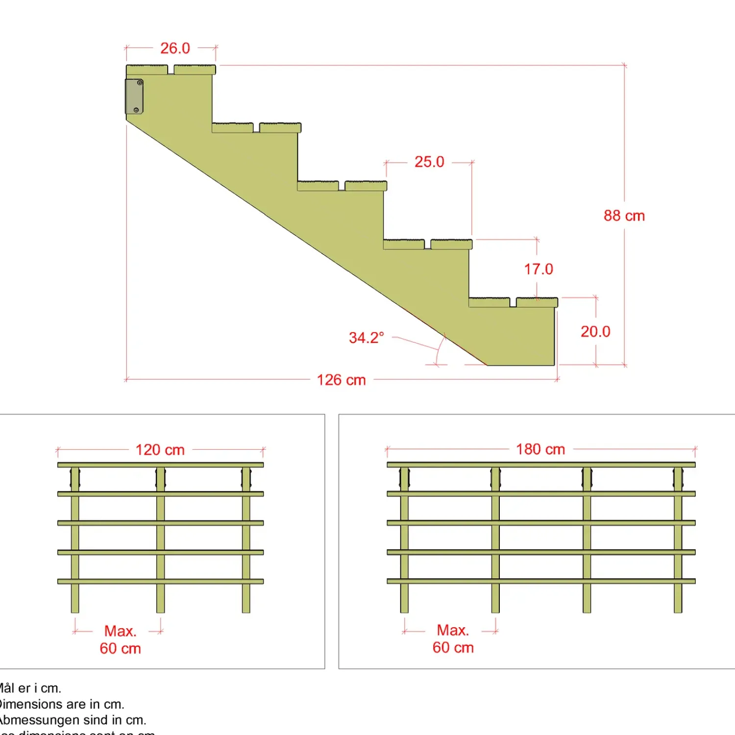 Discount Plus Terrassetrappe 5 trin 88x126 cm 34,2° 180 cm