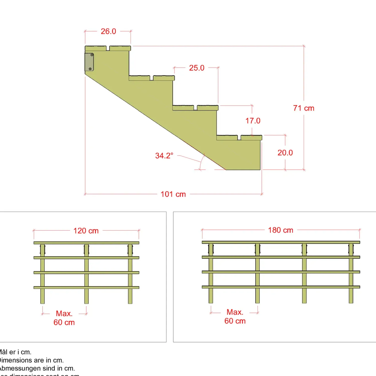 Plus Trapper Og Lemme^Terrassetrappe 4 trin 71x101 cm 34,2° 180 cm
