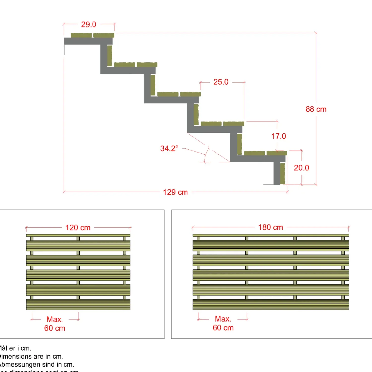 Plus Trapper Og Lemme^Terrassetrappe 5 trin 88x129 cm 34,2° 180 cm