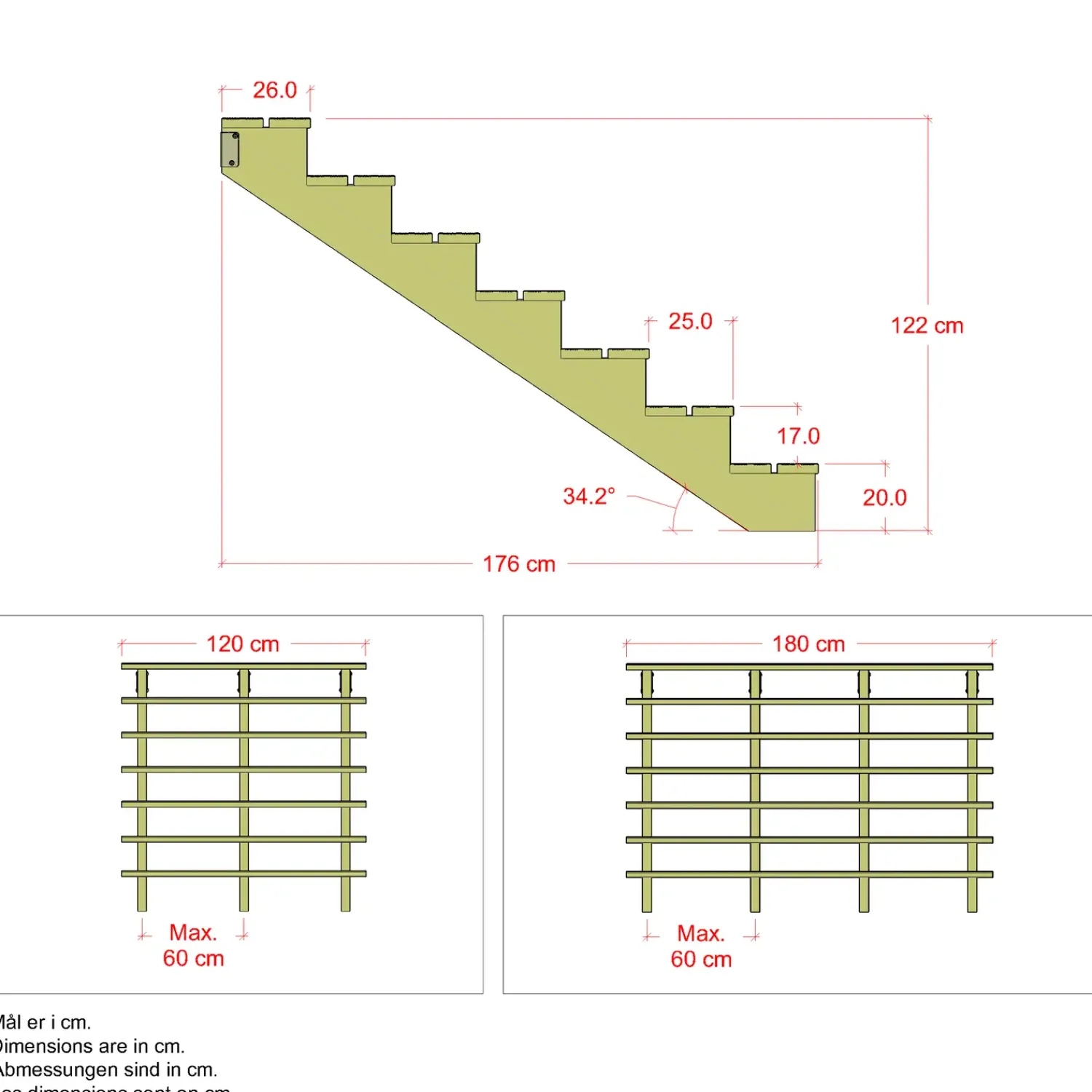Plus Trapper Og Lemme^Terrassetrappe 7 trin 122x176 cm 34,2° 180 cm