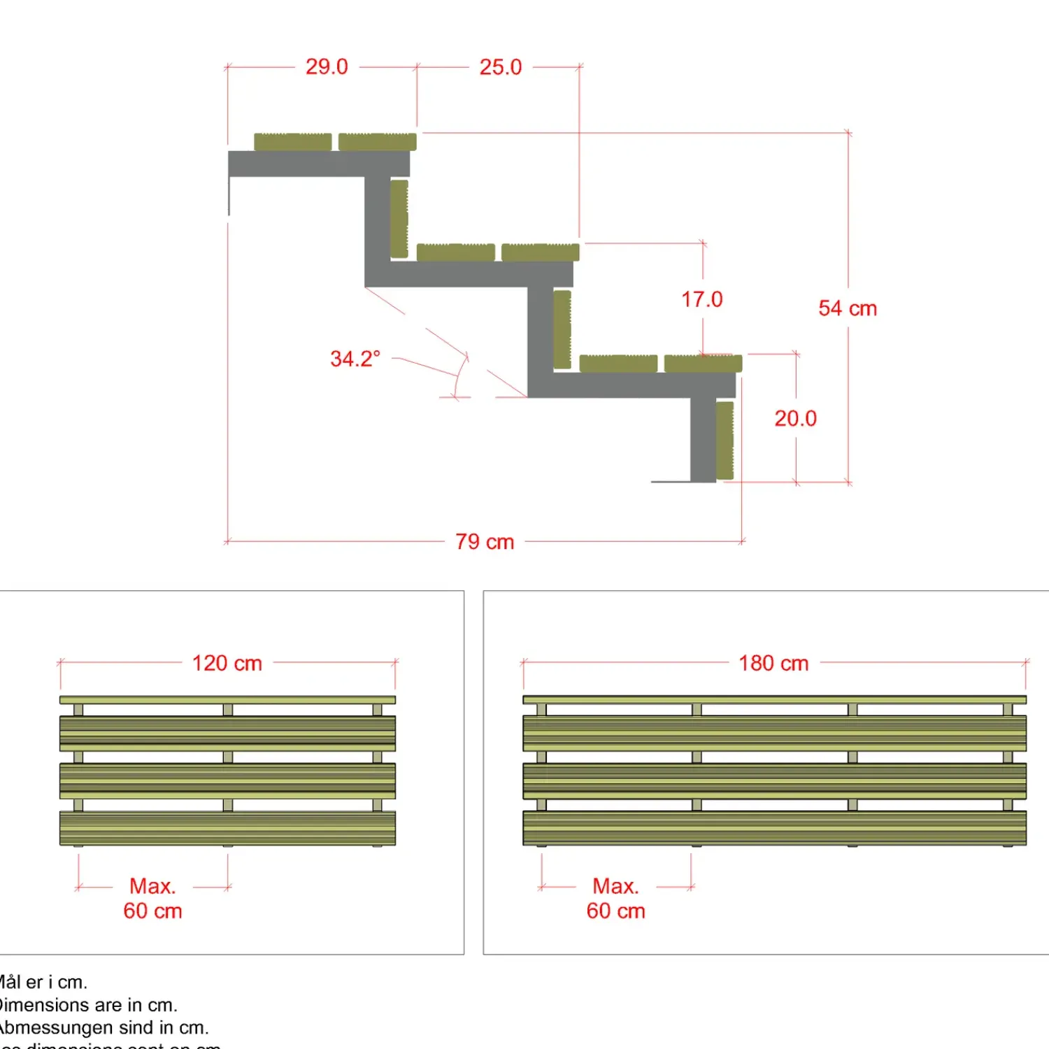 Hot Plus Terrassetrappe 3 trin 54x79 cm 34,2° 120 cm