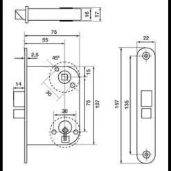 Ruko Låsekasser, Cylindre Og Dørbeslag^2214 mellemdørslås højre/vendbar dornmål 55 mm