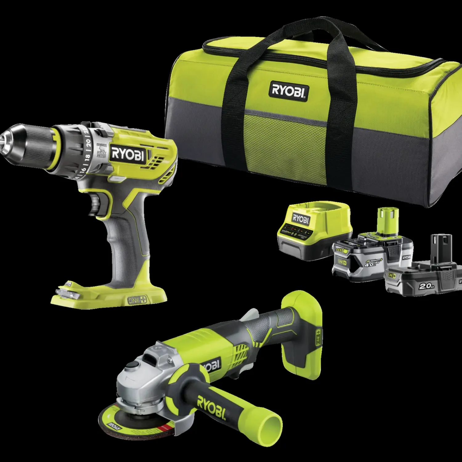 Online Ryobi håndværkersæt bore-/skruemaskine, vinkelsliber, batterier og taske