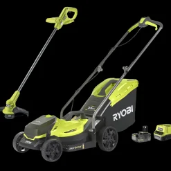 Ryobi Græstrimmere^kombisæt 18V ONE+ plæneklipper/græstrimmer 4,0Ah batteri og lader