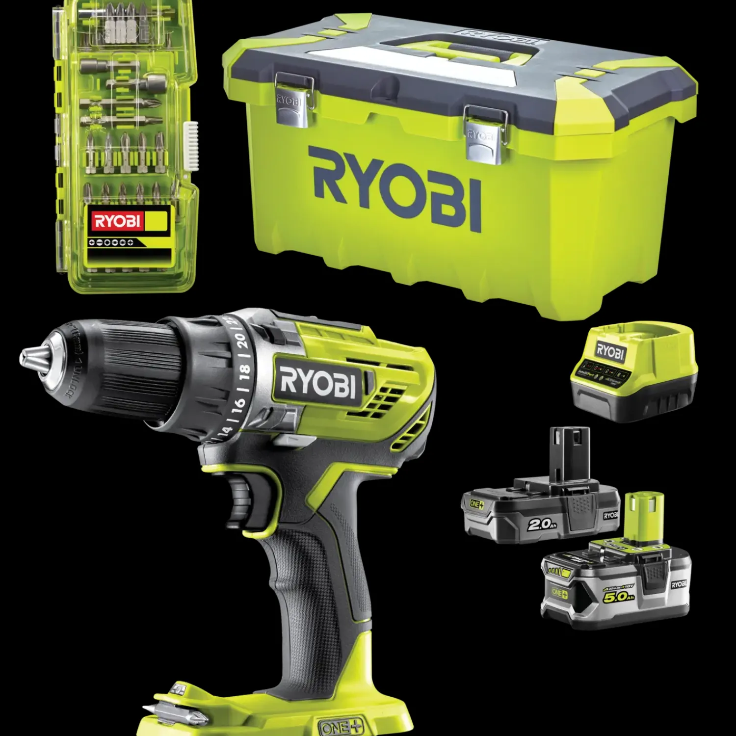 Clearance Ryobi R18DD3-252T akku bore-/skruemaskine 1x2,0+1x5,0 Ah 18V ONE+ inkl. 17 dele tilbehør