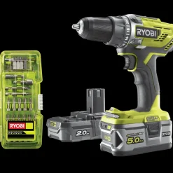 Clearance Ryobi R18DD3-252T akku bore-/skruemaskine 1x2,0+1x5,0 Ah 18V ONE+ inkl. 17 dele tilbehør