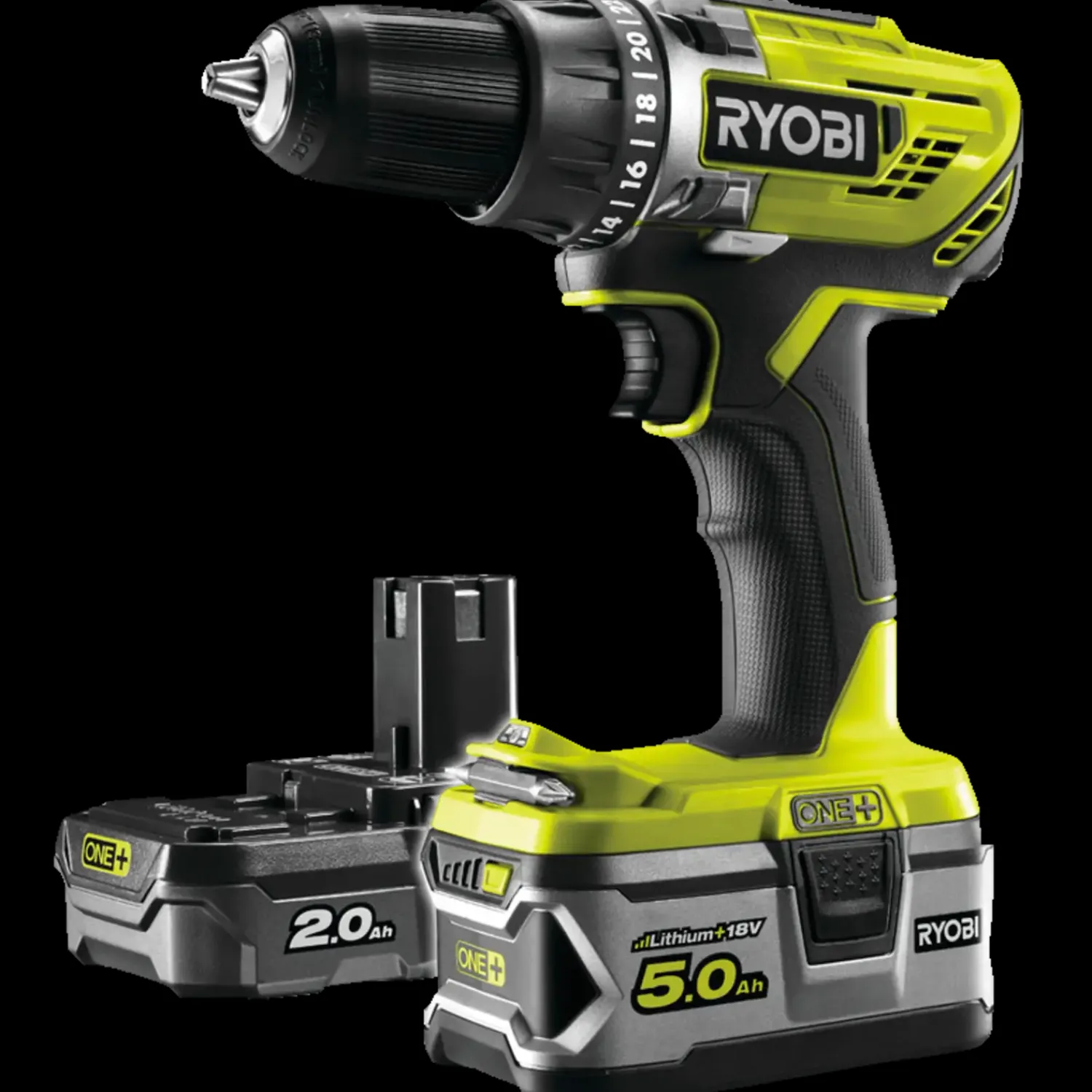 Clearance Ryobi R18DD3-252T akku bore-/skruemaskine 1x2,0+1x5,0 Ah 18V ONE+ inkl. 17 dele tilbehør