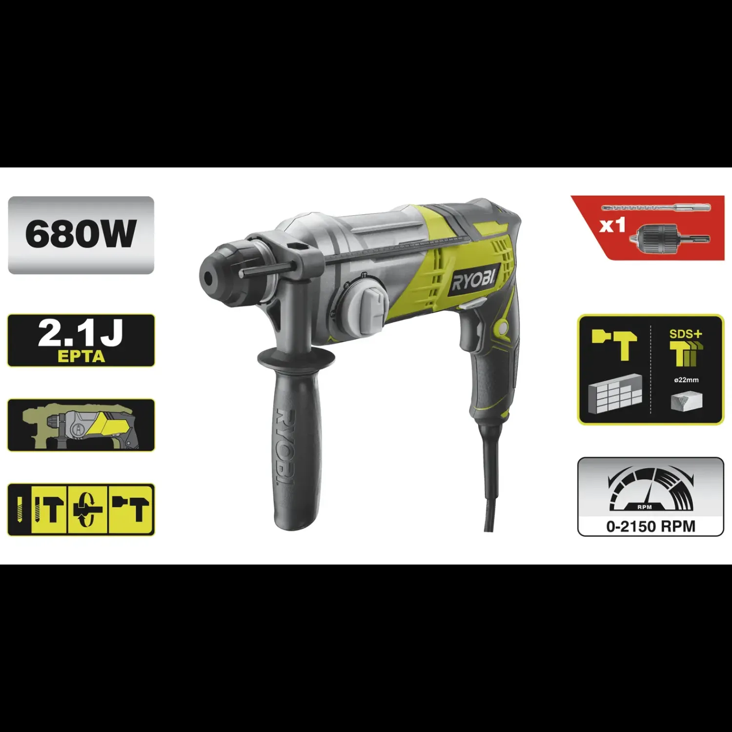 Ryobi Mejselhamre^RSDS680-K SDS+ bore-/mejselhammer 680W