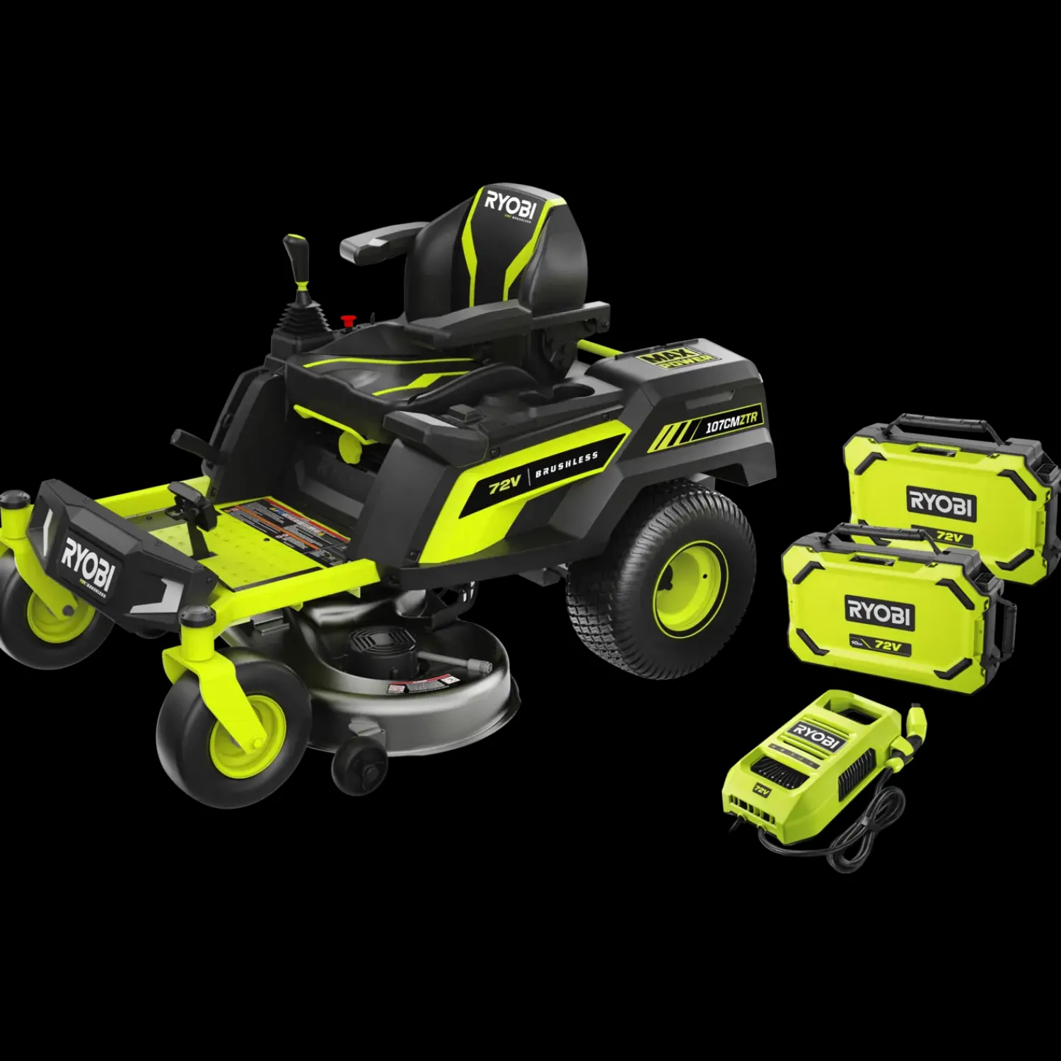 Sale Ryobi RY72ZTRX107-210 72V 107 cm zero turn plæneklipper 2x10 Ah batt.