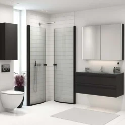 Scanbad Brusedøre Og Brusevægge^brusehjørne m/buet svingdør 74x200 cm mat sort/klar glas