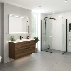 Clearance Scanbad brusehjørne m/fastvæg og teleskopstang 79x197,5 cm mat sort/klar glas