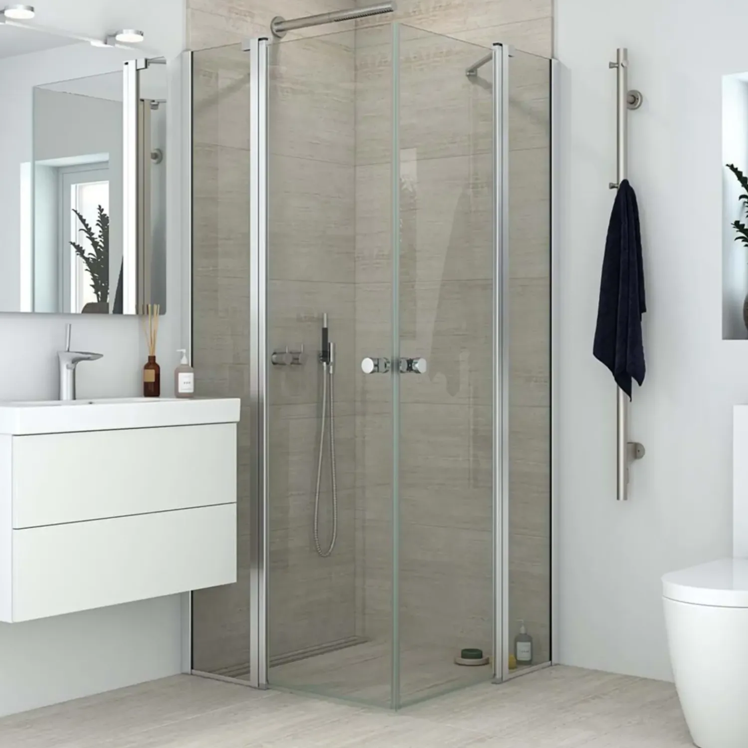 Scanbad Brusedøre Og Brusevægge^brusehjørne m/fastvæg og svingdør 200x89 cm satin/klar