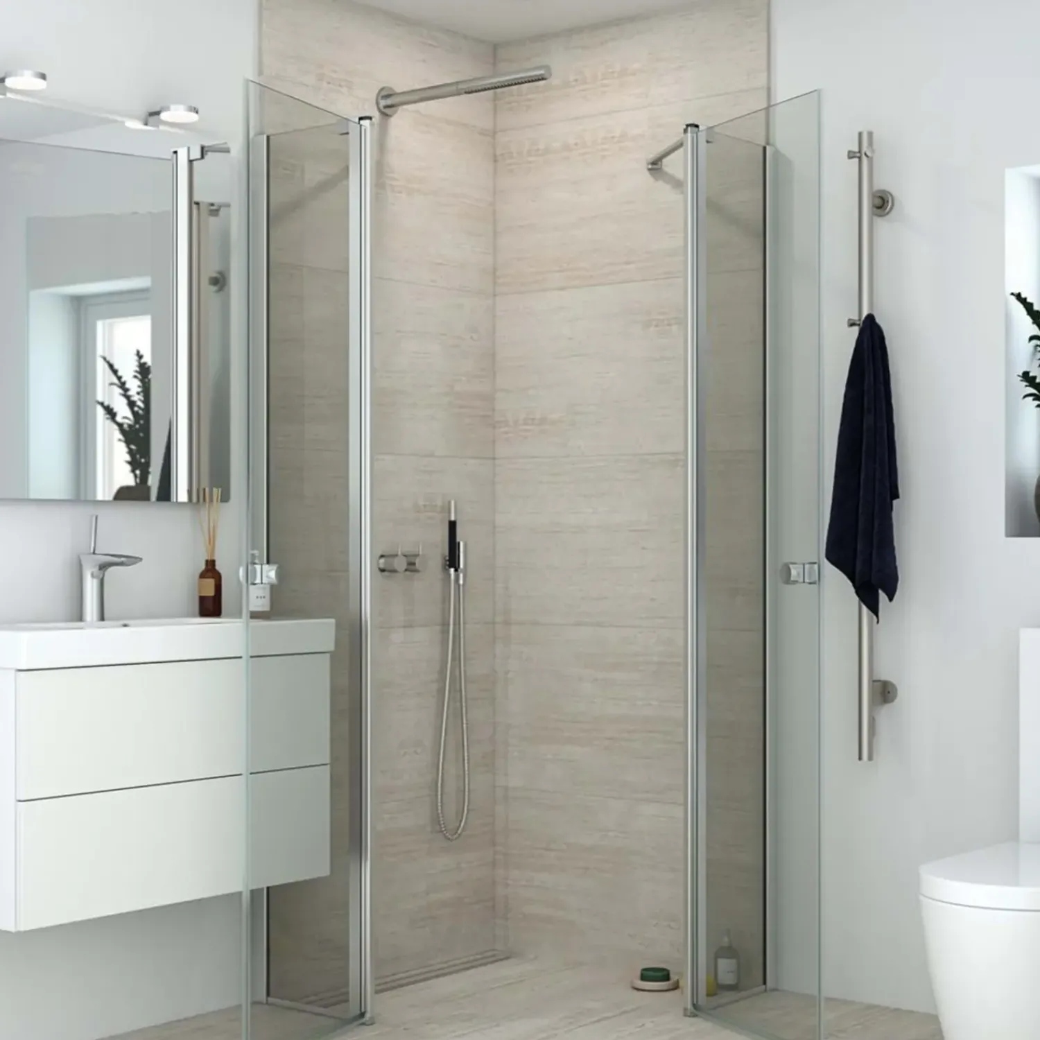 Scanbad Brusedøre Og Brusevægge^brusehjørne m/fastvæg og svingdør 200x89 cm satin/klar