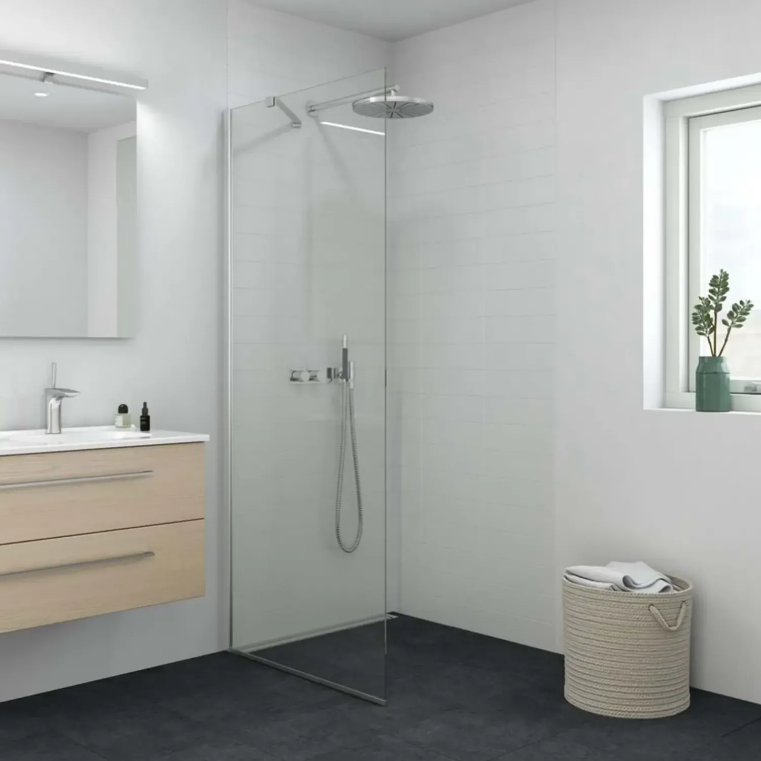 Online Scanbad brusevæg m/stabiliseringsarm 77-79 cm klar glas