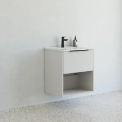 Outlet Scanbad NOW vaskeskab m/én skuffe og åbent rum 65,8x81x45,5 cm mat sand stribet front