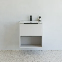 Outlet Scanbad NOW vaskeskab m/én skuffe og åbent rum 65,8x81x45,5 cm mat sand stribet front