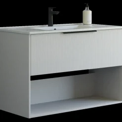 Outlet Scanbad NOW vaskeskab m/én skuffe og åbent rum 65,8x81x45,5 cm mat sand stribet front