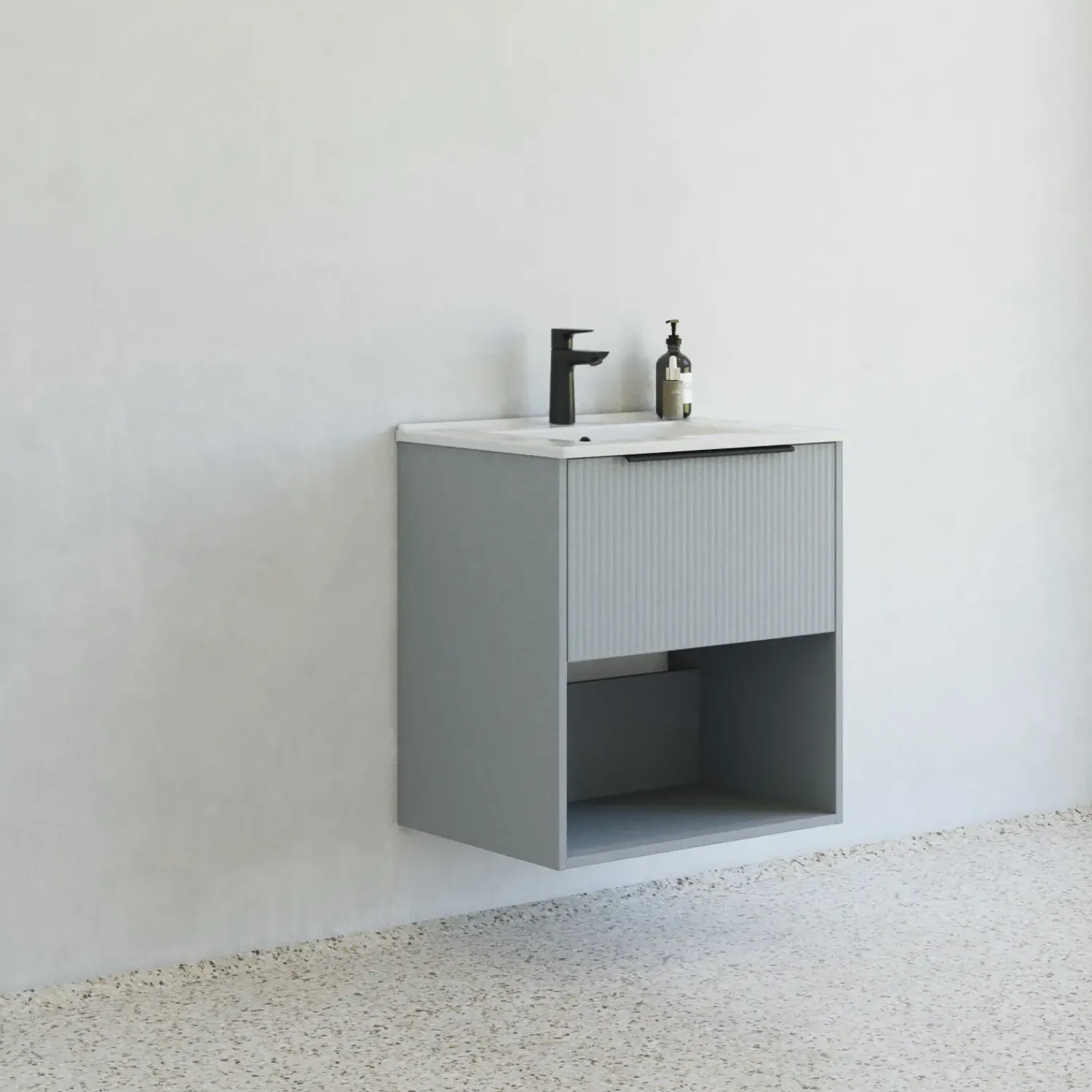 Vaskeskabe^Scanbad NOW vaskeskab m/én skuffe og åbent rum 65,8x81x45,5 cm mat lyseblå stribet front