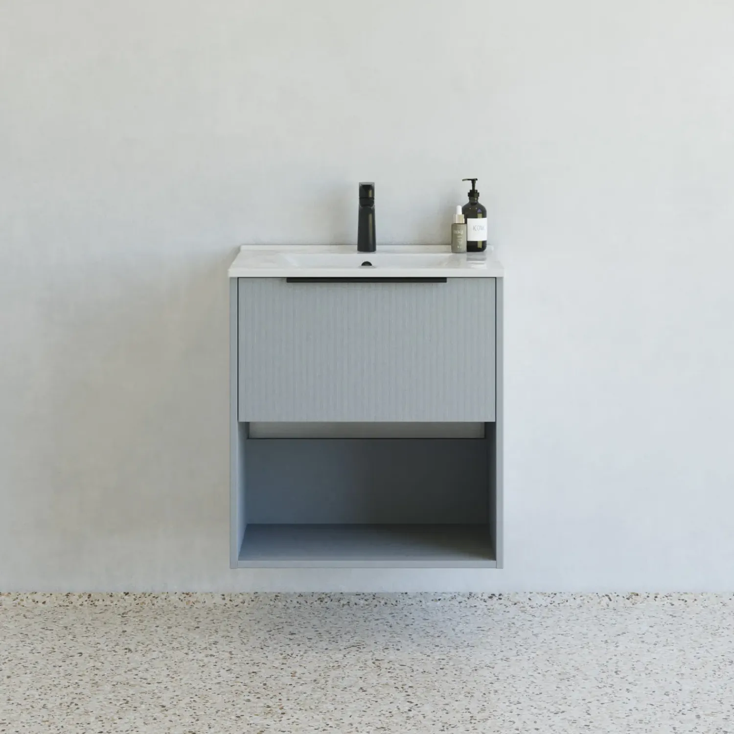 Vaskeskabe^Scanbad NOW vaskeskab m/én skuffe og åbent rum 65,8x81x45,5 cm mat lyseblå stribet front