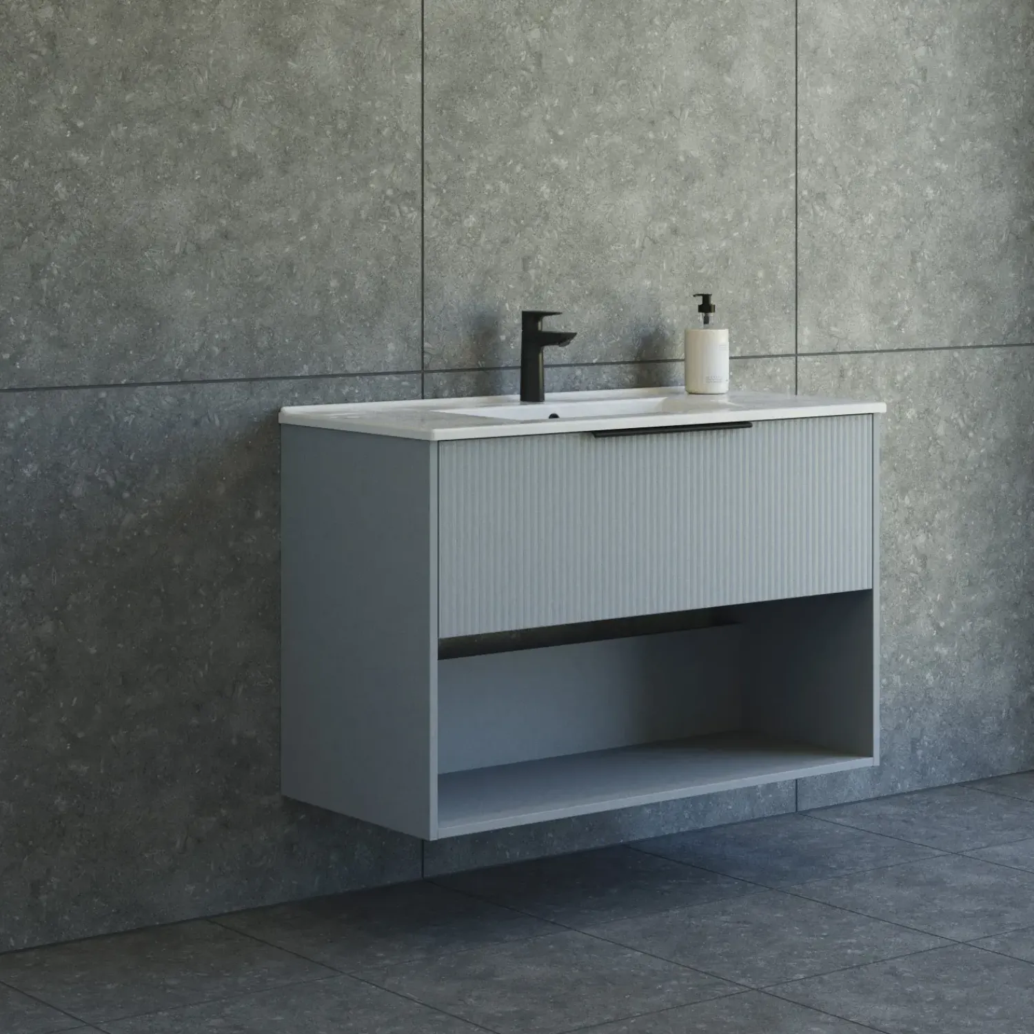 Vaskeskabe^Scanbad NOW vaskeskab m/én skuffe og åbent rum 65,8x81x45,5 cm mat lyseblå stribet front