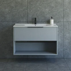 Vaskeskabe^Scanbad NOW vaskeskab m/én skuffe og åbent rum 65,8x81x45,5 cm mat lyseblå stribet front